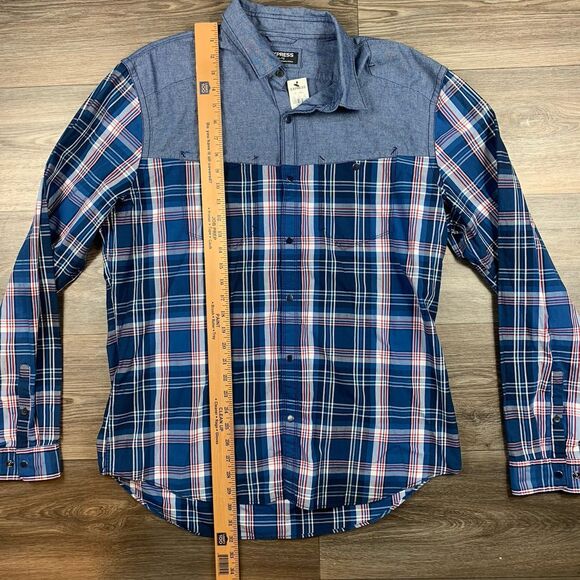 Express Shirt Mens XL Chambray Plaid Western Snap Red White Blue Cowboy Preppy - Picture 3 of 6